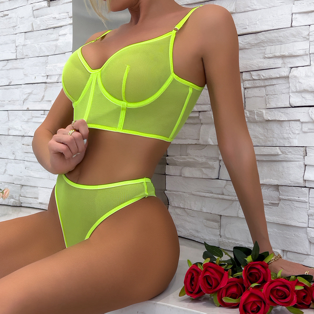 Women's Underwear Fishbone Contrast Color Mesh Push-up Suit