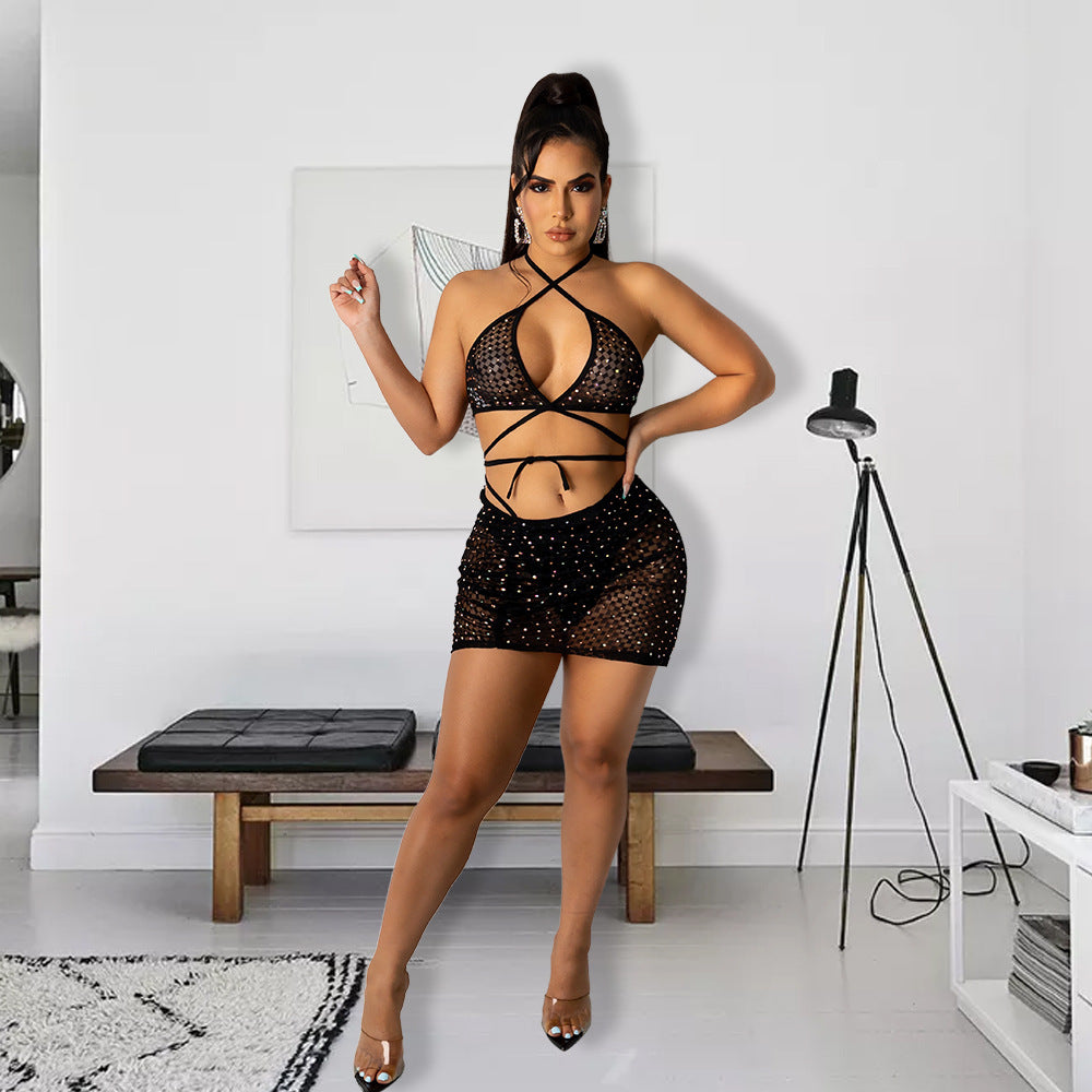 ANJAMANOR Sexy 2-teiliges Set mit glitzernden Strasssteinen, durchsichtigem Netzstoff, gerüschten Miniröcken, Club-Outfits, Damen-Sommerkleidung D57-CG15