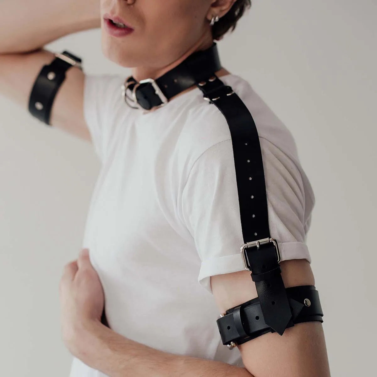 Mens PU Leather Harness Double Shoulder Armors Buckles Sexual Body Chest Harness Belt for Adult Sex Cosplay Halloween Party