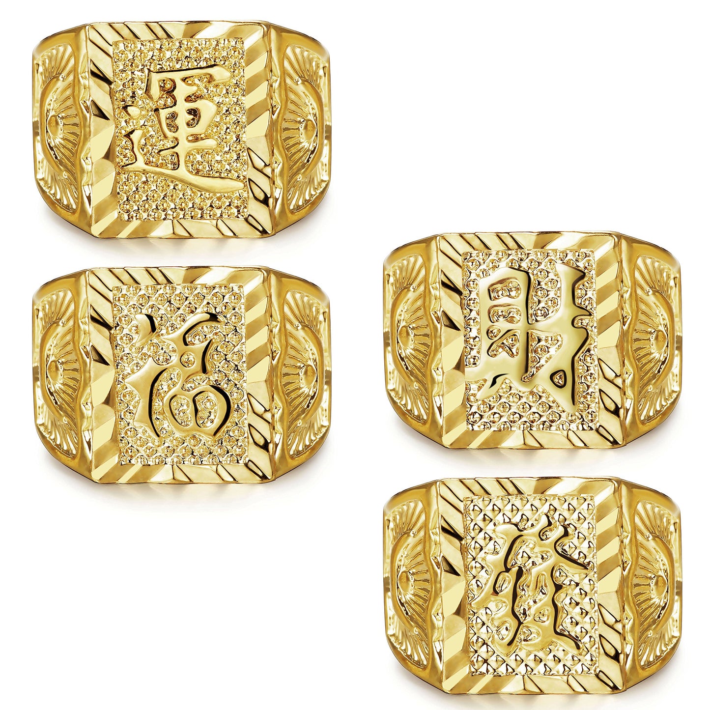 LOLIAS 4-teiliges vergoldetes Herrenring-Ehering-Set mit Kanji-Ring, Ringset für Reichtum/Glück/Reichtum, verstellbar