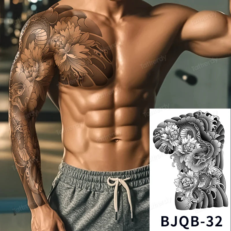 Men Super Large Chest Temporary Tattoo Stickers Full Arm Sleeve Body Art Muscle Adult Tattoo Waterproof Totem Tribal Dragon