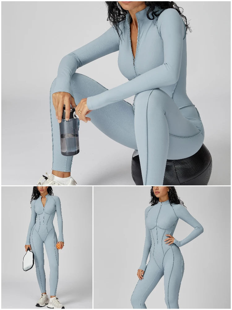 VITALINOVO Womens Running Onesie Athletic Romper Pants Long Sleeve Zip Up Hiking Outfits One Piece Workout Bodycon Jumpsuits