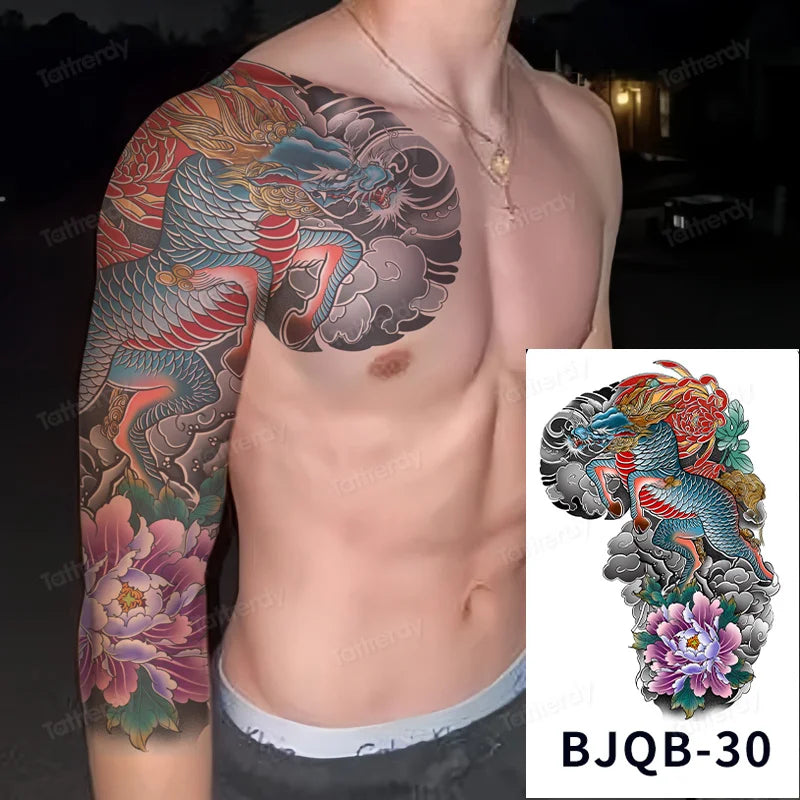 Men Super Large Chest Temporary Tattoo Stickers Full Arm Sleeve Body Art Muscle Adult Tattoo Waterproof Totem Tribal Dragon