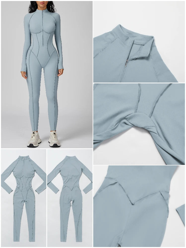 VITALINOVO Womens Running Onesie Athletic Romper Pants Long Sleeve Zip Up Hiking Outfits One Piece Workout Bodycon Jumpsuits