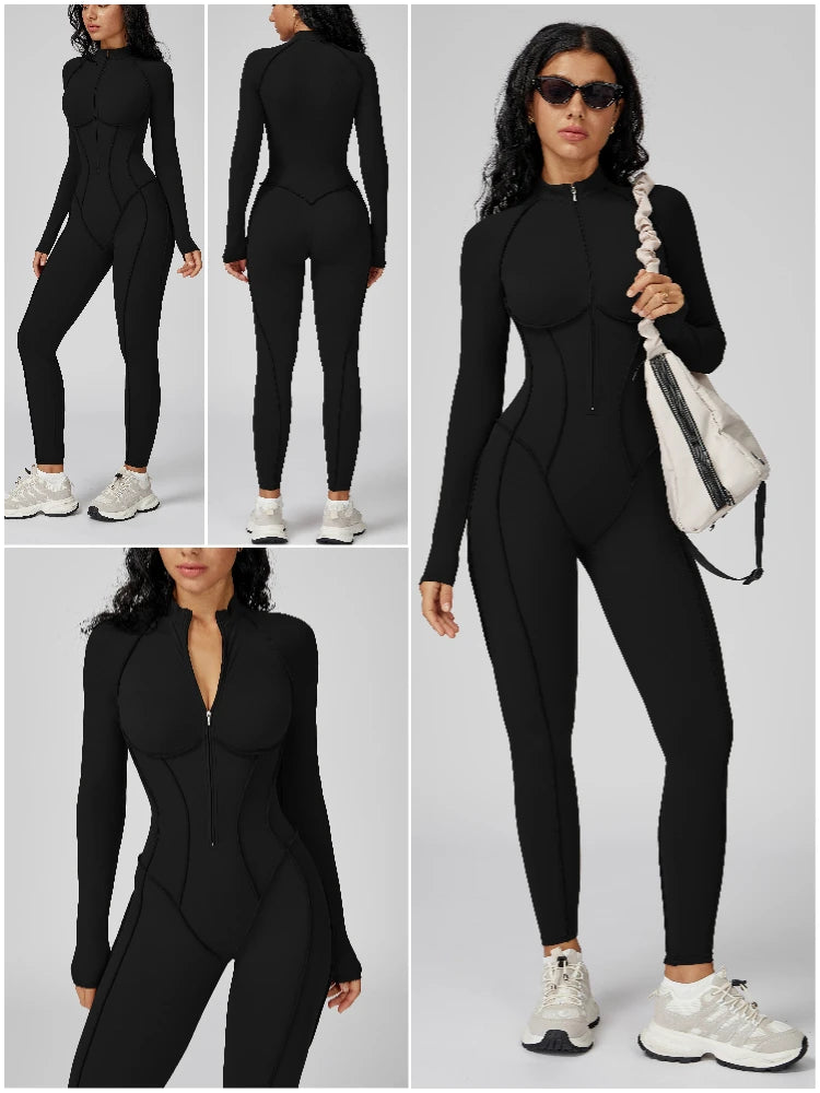 VITALINOVO Womens Running Onesie Athletic Romper Pants Long Sleeve Zip Up Hiking Outfits One Piece Workout Bodycon Jumpsuits