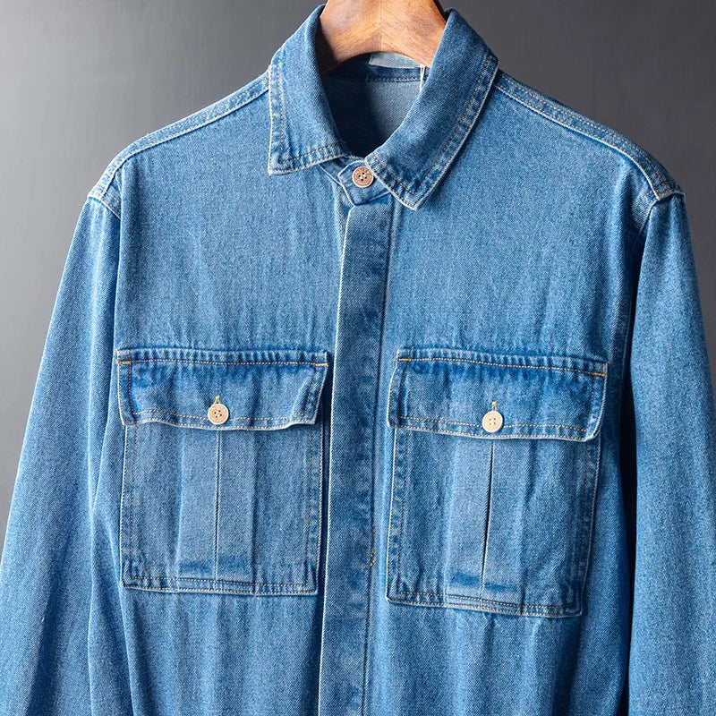 Men Hip Hop Denim Cargo Jacket Set Japan Style Retro Loose Blue Jumpsuit Multi-Pockets Casual Overalls Outdoor Trousers Male