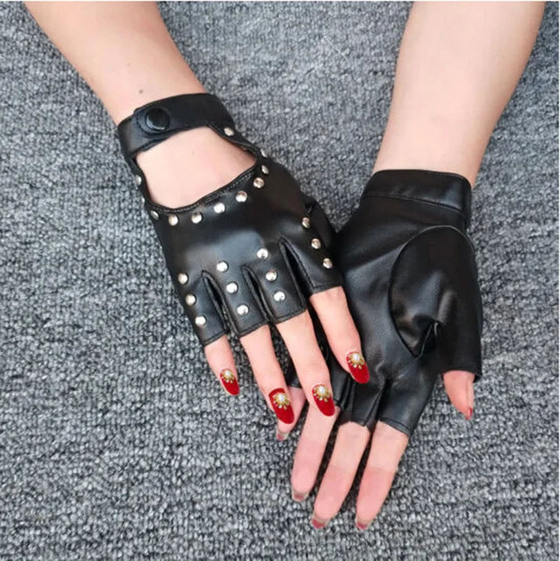 Unisex Nachtclub Sänger Leistung Handschuh Männer Frauen Halbfinger Niet Punk Party Leder Sport Hip Hop Street Dance Handschuh I102