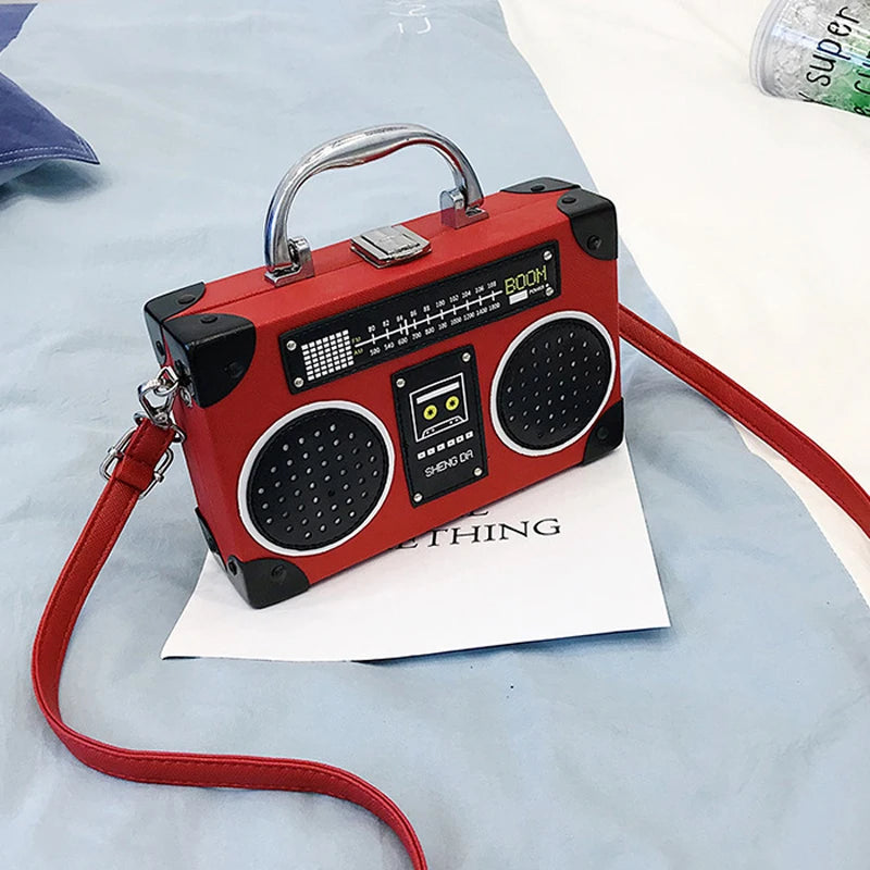 Unique Retro Radio Box Bag Ladies Leather Handbag Shoulder Bag Metal Handle Purse Women's Crossbody Messenger Pouch Flap Bolsas