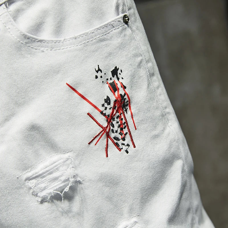 Mode Trendy Stickerei Buchstaben Männer College Jungen Skinny Runway Zipper Denim Hose Destroyed Zerrissene Jeans Schwarz Weiß Jeans