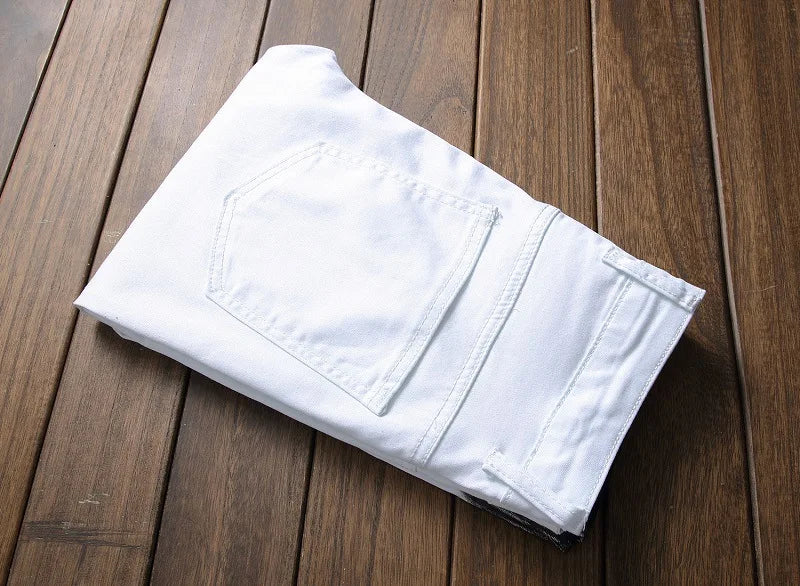 Broken Coated Ripped Jeans Herren Hochwertige Baumwollhose Reißverschluss BIKER Jeans Cowboy Denim Hose Schwarz Weiß Patchwork