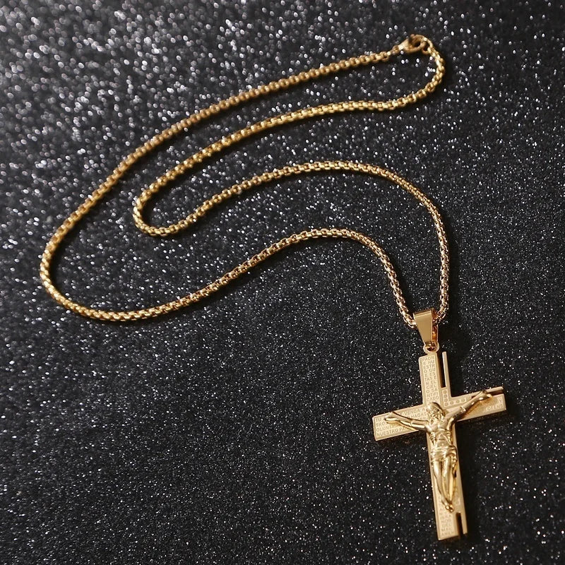 Men's Jesus Christ Crucifix Gold Plated Cross Religious Pendant Necklace with Chain Jewelry
