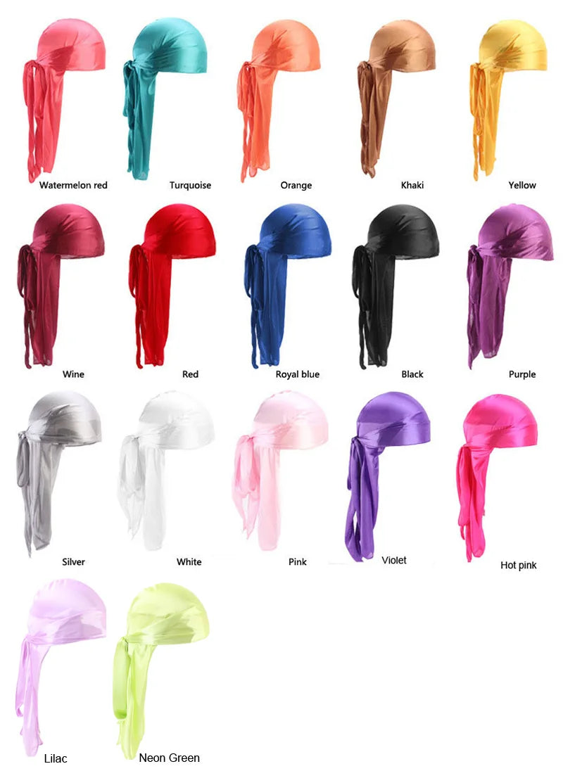 Durag mit langem Schwanz, seidiger Schal, muslimischer Doo Rag, Piratenhut, Durag, Chemo-Mütze, Totenkopfhut, Turban-Haarband, Bandanas, 18 Farben zur Auswahl