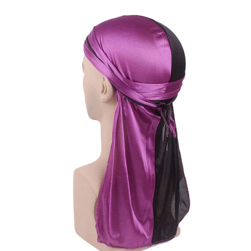 Durag mit langem Schwanz, seidiger Schal, muslimischer Doo Rag, Piratenhut, Durag, Chemo-Mütze, Totenkopfhut, Turban-Haarband, Bandanas, 18 Farben zur Auswahl