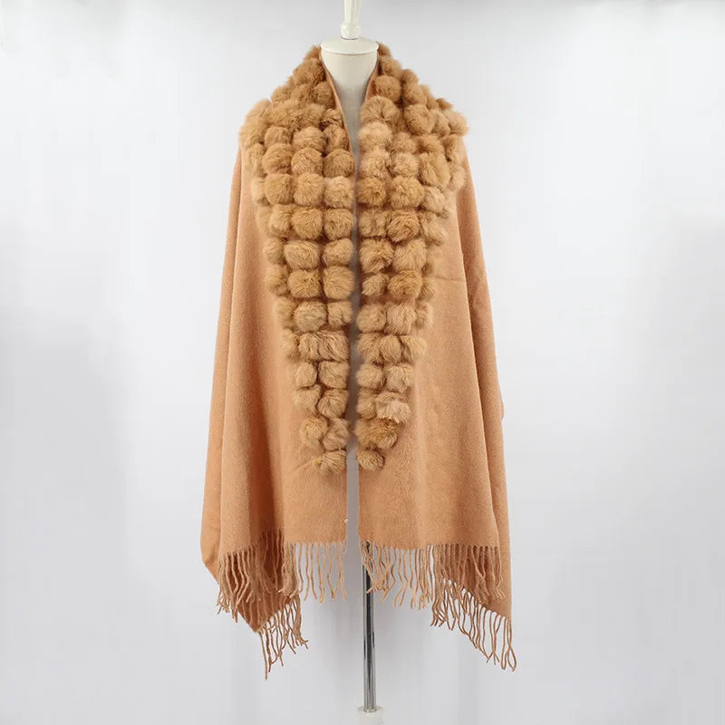 20 Colors Triangle Real Rabbit Fur Ball Shawl Wraps Winter Women Cashmere Tassel Cape Pompon Cloak Lady Mum Gift Casaco Feminino