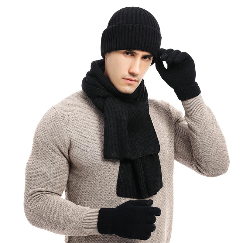 3 piece set of  winter warm men's knitted wool beanie hat scarf gloves set 2020 men's daily leisure ski camping fishing warm set