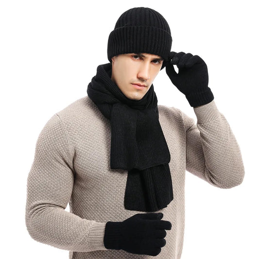 3 piece set of  winter warm men's knitted wool beanie hat scarf gloves set 2020 men's daily leisure ski camping fishing warm set