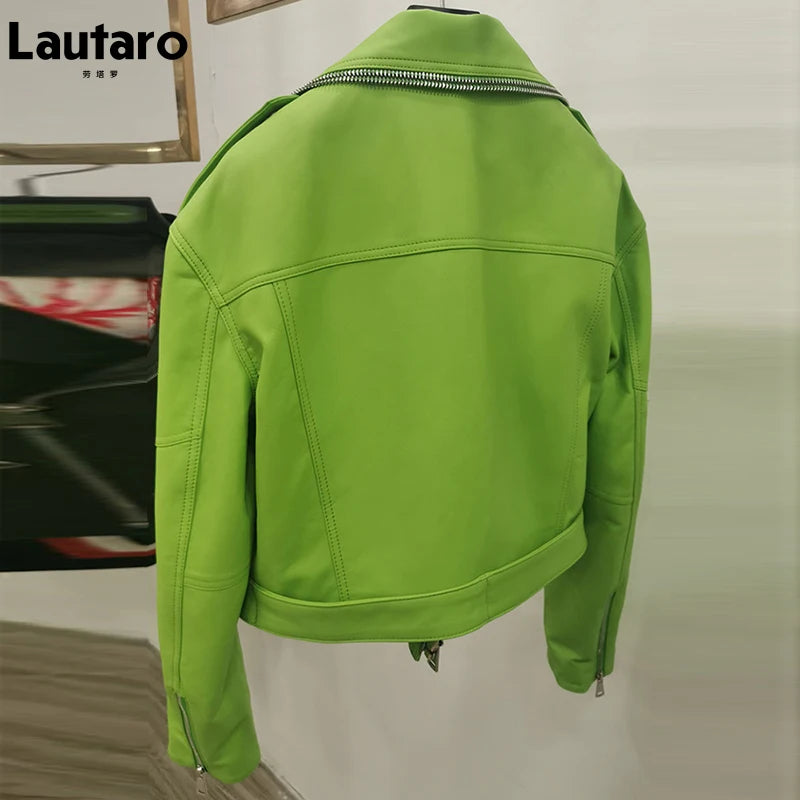 Lautaro Autumn Short Green Soft Faux Leather Biker Jacket Women Long Sleeve Zipper Belt Designer European and American Fashion