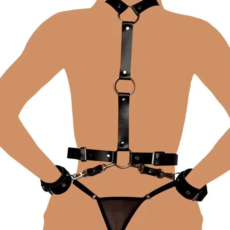 Hollow-Out PU Leather Bondage Dress with Belt Shoulder & Garter Straps Fetish Restraint Wear for BDSM Play