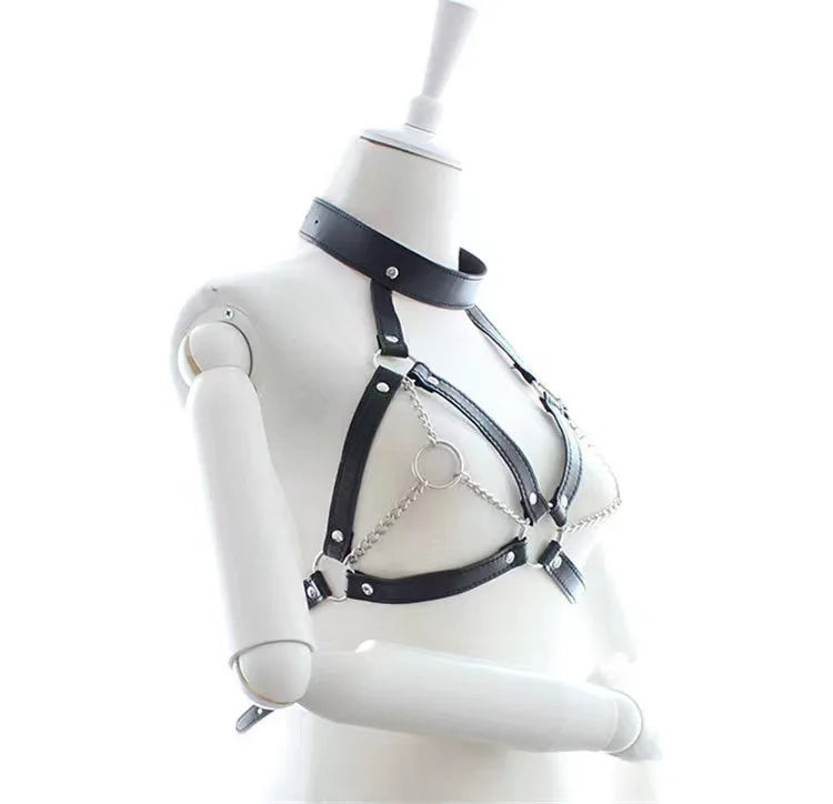 SM Chastity Teach and Bind Flirting Dog Slave Adult European and American Women PU Bdsm Binding Leather Sexy Body Iron Chain Bra