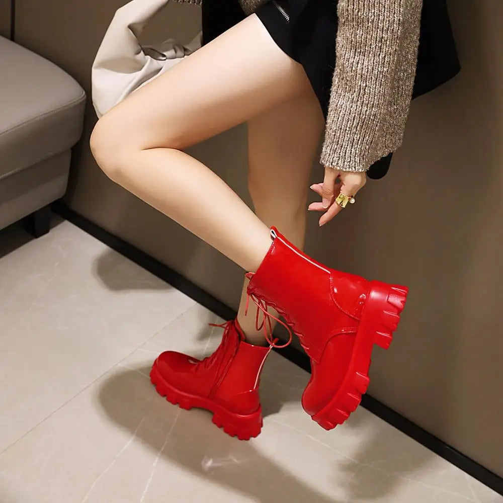 Women Boots Patent Leather Platform Shoes Brand Ankle Fashion High Heel Boots Women Autumn Winter Warm Platform Boots Black Red