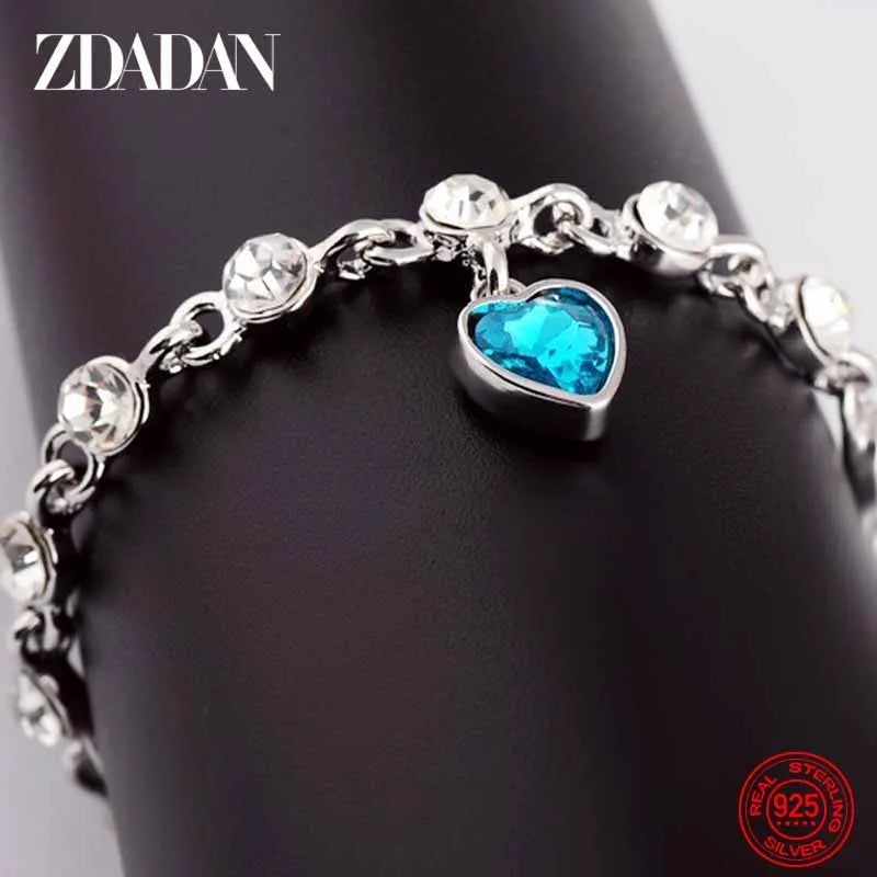 ZDADAN 925 Sterling Silver Charm Sapphire Heart Bracelet Chain For Women Fashion Engagement Party Jewelry Gift