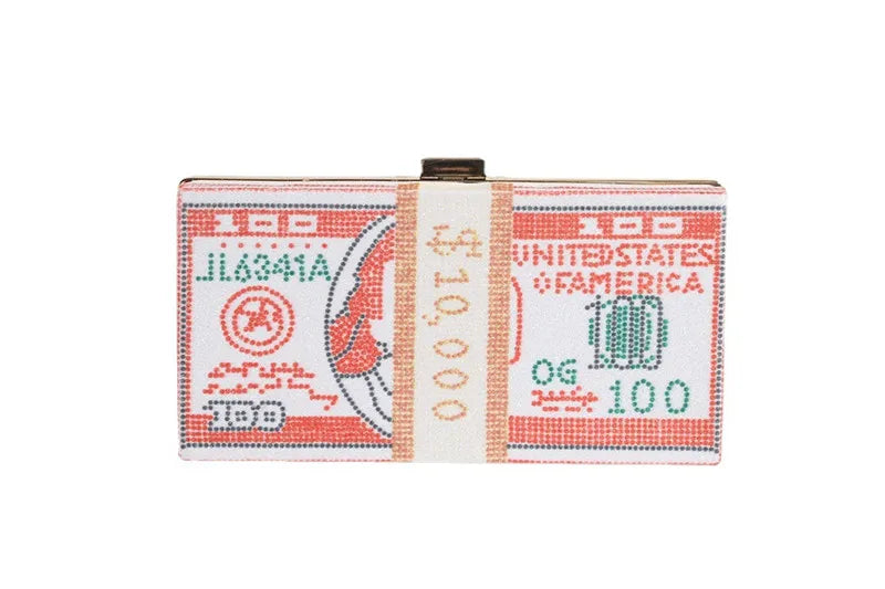 Luxury Money Clutch Rhinestone Purse 10000 Dollars Stack of Cash Evening Handbags Shoulder Wedding Dinner Bag 8 Color Wallet