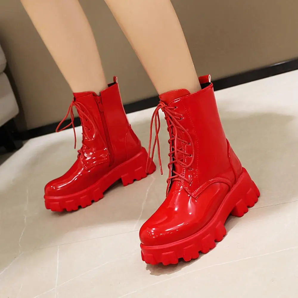 Women Boots Patent Leather Platform Shoes Brand Ankle Fashion High Heel Boots Women Autumn Winter Warm Platform Boots Black Red