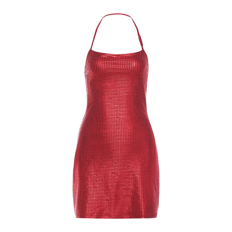 Holiday Summer Formal Satin Dress Backless Stretch Halter Neckline Dropped Waistline Asymmetrical Silhouette Midi