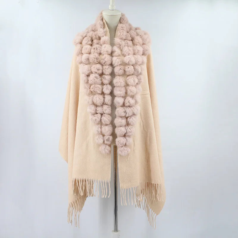 20 Colors Triangle Real Rabbit Fur Ball Shawl Wraps Winter Women Cashmere Tassel Cape Pompon Cloak Lady Mum Gift Casaco Feminino