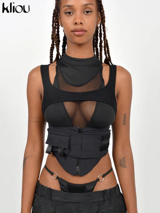 Kliou Biker Shorts Top Women Hipster Y2K Irregular Shape Stitching Mesh High Street Style Clothing Sexy Cleavage Sheath Wear