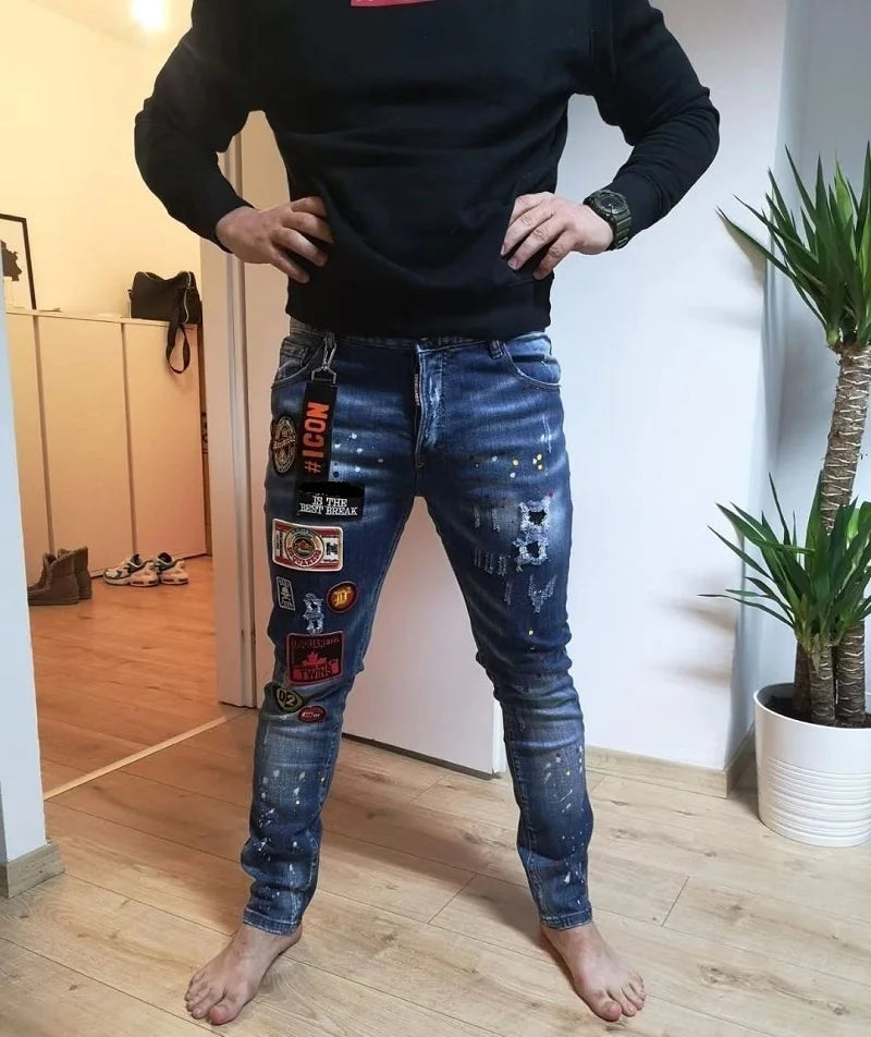 Autumn Winter New Broken Hole Splashed Paint Slim Jeans Stick Cloth Elastic Blue Beggar Trousers Denim Pants