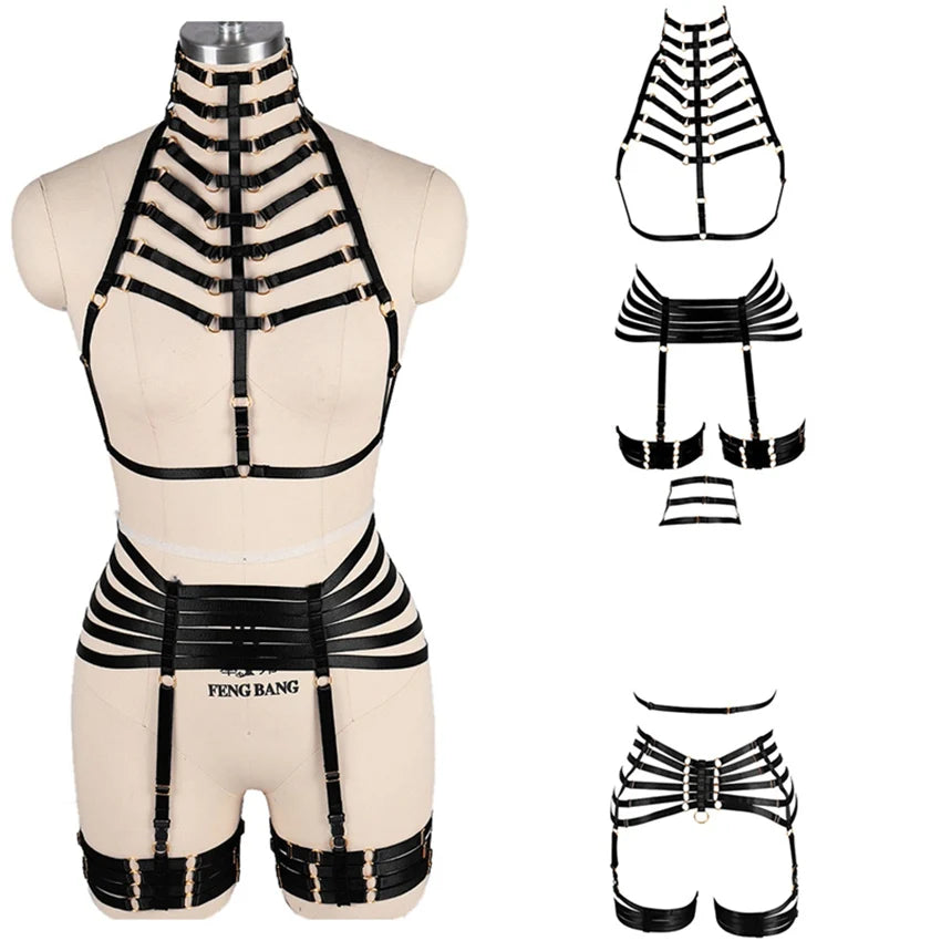 Woman Leg Harness Garter Belt Top Neck Body Cage Open Chest Bra Adjust Bondage Lingerie Punk Goth Sexy Body Harness Set