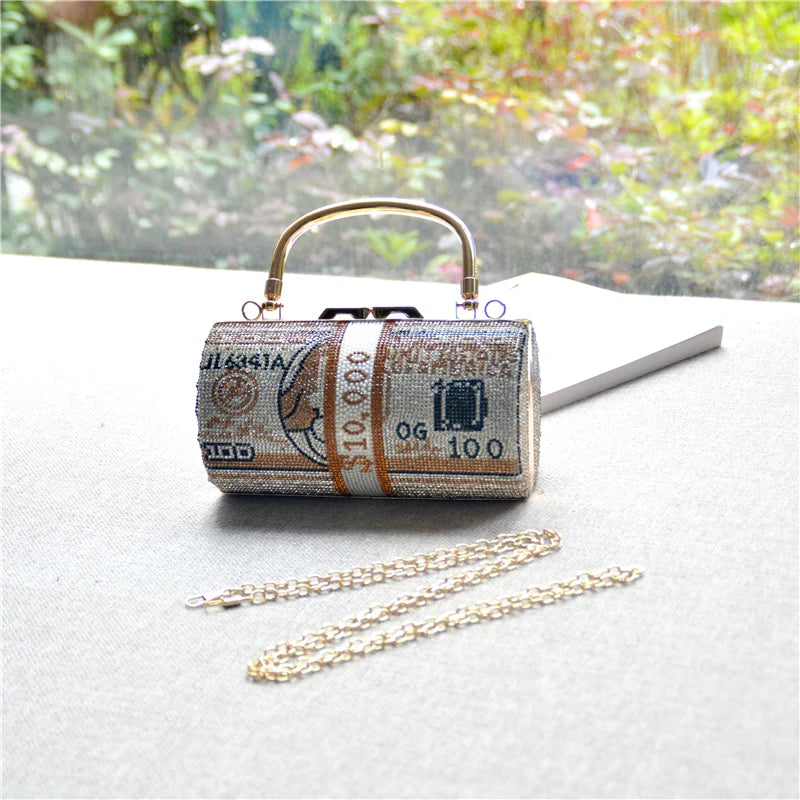 Luxury Money Clutch Rhinestone Purse 10000 Dollars Stack of Cash Evening Handbags Shoulder Wedding Dinner Bag 8 Color Wallet