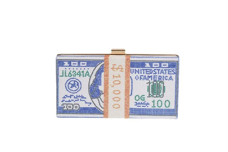Luxury Money Clutch Rhinestone Purse 10000 Dollars Stack of Cash Evening Handbags Shoulder Wedding Dinner Bag 8 Color Wallet