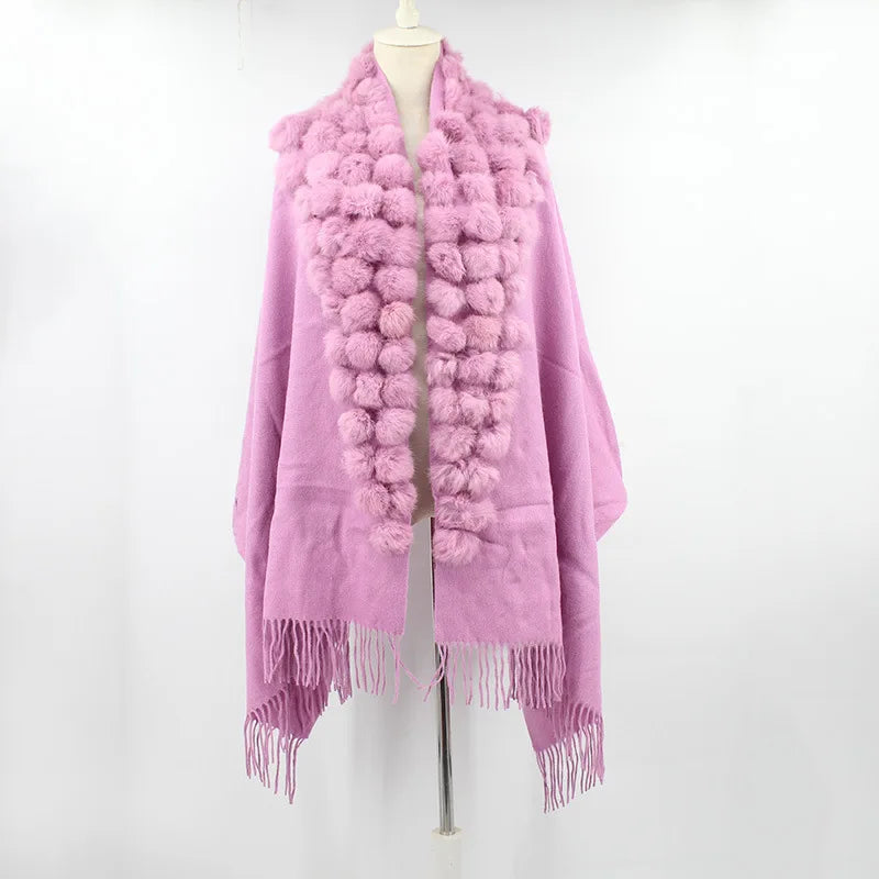 20 Colors Triangle Real Rabbit Fur Ball Shawl Wraps Winter Women Cashmere Tassel Cape Pompon Cloak Lady Mum Gift Casaco Feminino