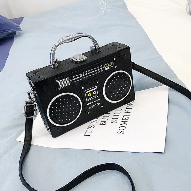Unique Retro Radio Box Bag Ladies Leather Handbag Shoulder Bag Metal Handle Purse Women's Crossbody Messenger Pouch Flap Bolsas