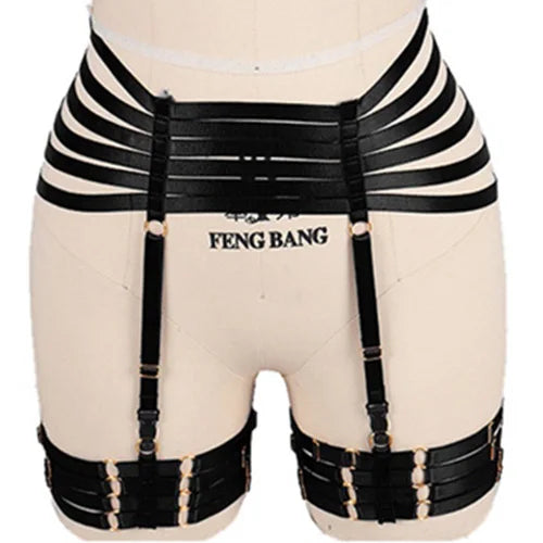 Woman Leg Harness Garter Belt Top Neck Body Cage Open Chest Bra Adjust Bondage Lingerie Punk Goth Sexy Body Harness Set