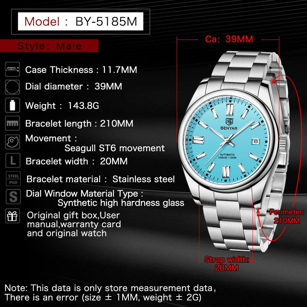 BENYAR Neue Taucheruhr für Männer 10Bar wasserdichte Herren Mechanische Armbanduhren Luxus Edelstahl Automatikuhren