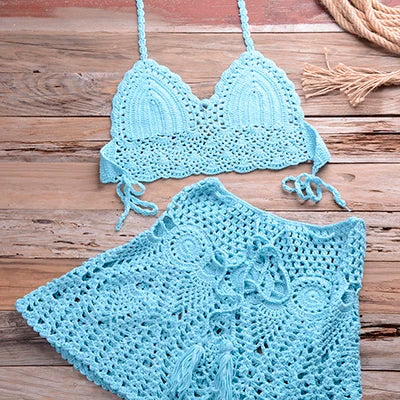Two-piece Crochet Women Bikini Set Cover Up Swimsuit Swim Skirt Swimwear Bathing Swimdress Beachwear