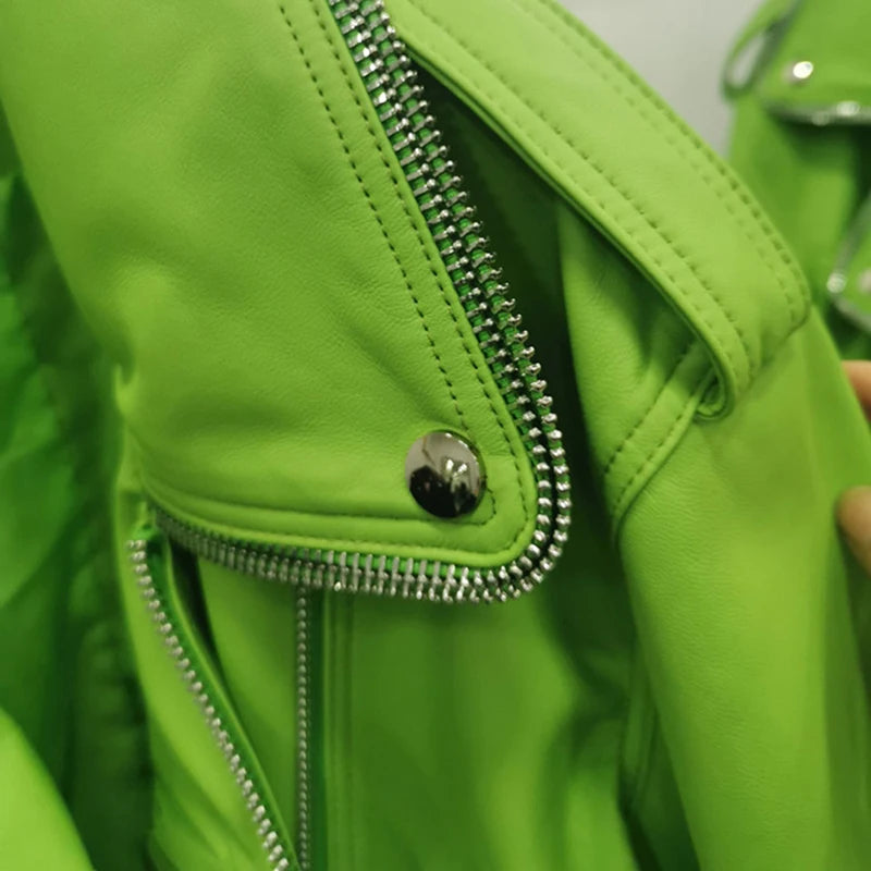 Lautaro Autumn Short Green Soft Faux Leather Biker Jacket Women Long Sleeve Zipper Belt Designer European and American Fashion