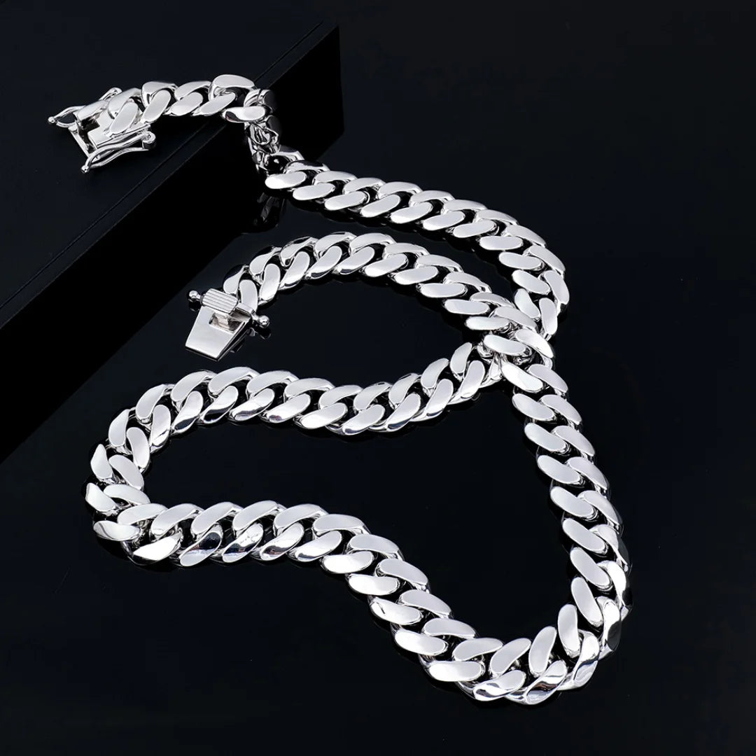 Heavy Metal Style 925 Sterling Silver Hiphop Jewelry Rhodium Plated 18mm Plain Cuban Link Chain Necklace for Rapper