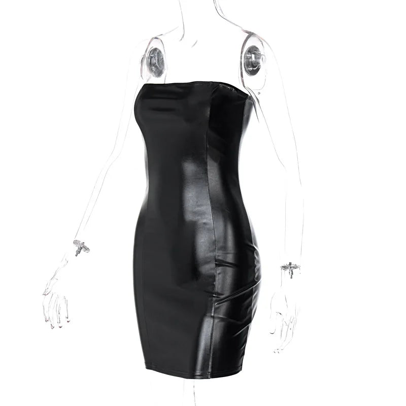Women Summer Sexy Party Strapless Bodycon Pu Leather Slim Package Hip Black Mini Dress Sundress
