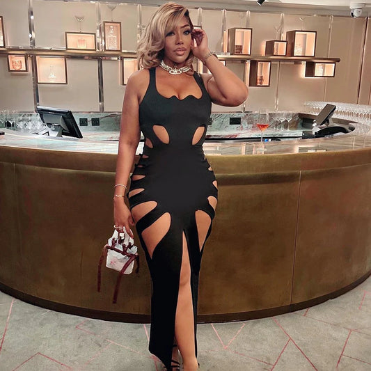 Sexy Black Slim Party Dress Side Split Skinny Hollow Out Dress Elegant Women Casual Dresses