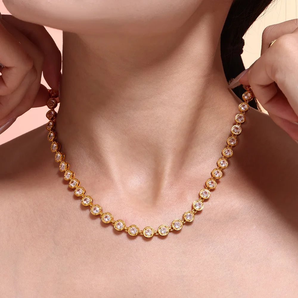 YF3961 Stainless Steel Waterproof Jewelry Set 18k PVD Gold Plated Colored Zircon Splicing Necklace Non Tarnish Bracelet