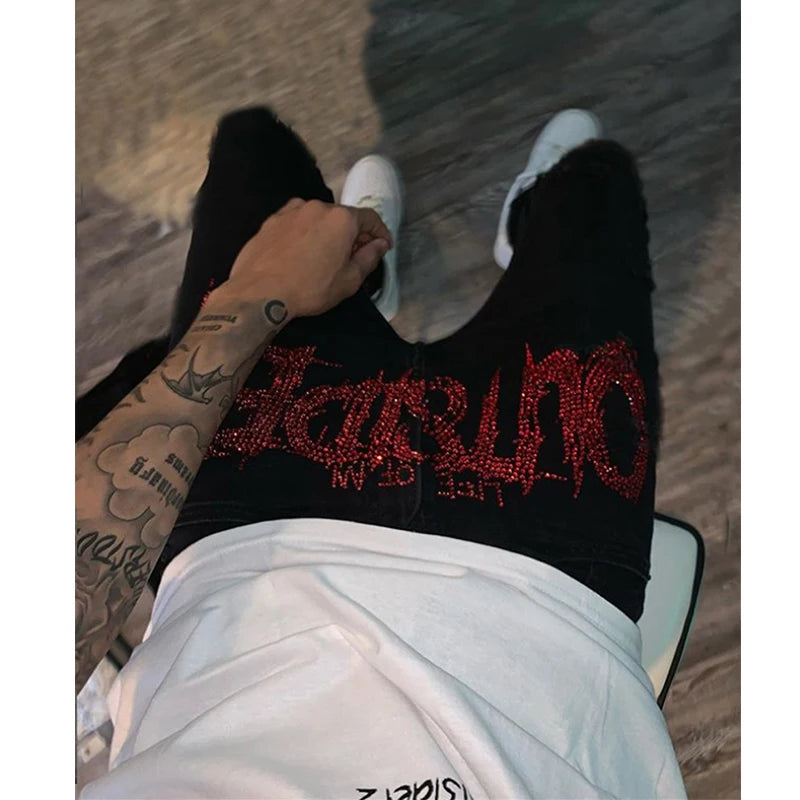 Neue Herren-Trend-Schwarze zerrissene Jeans Fashion Street Hole Hose Gemütliches Skinny-Design Hot Rhinestone Stretch Soft Washed Denim Pants