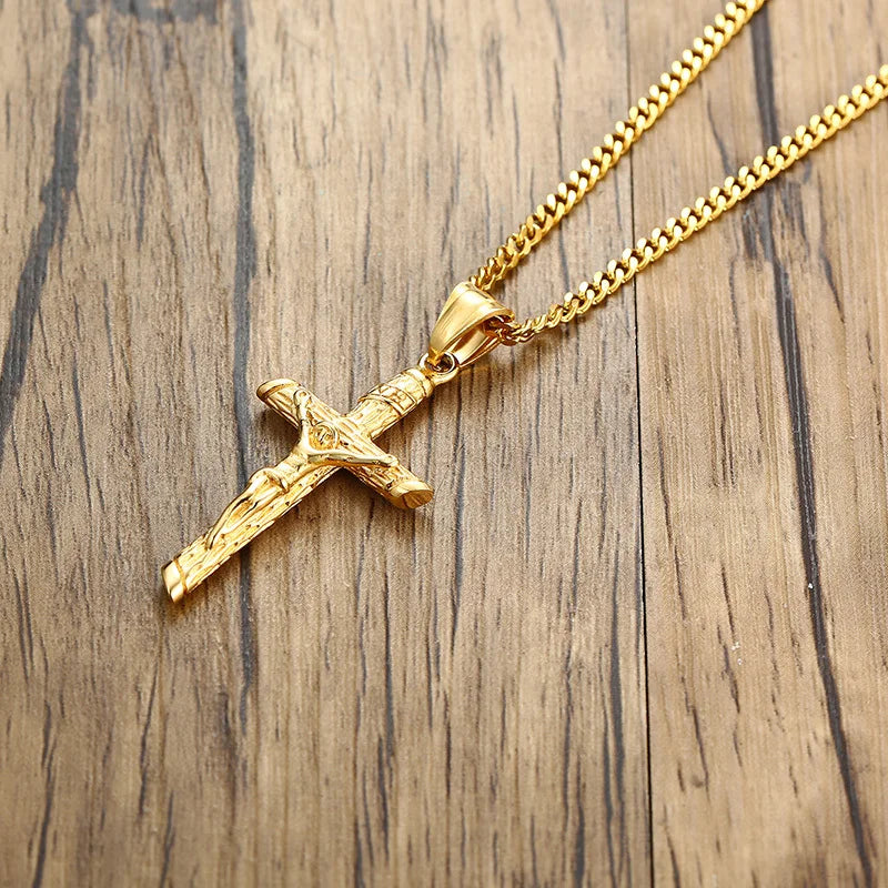 Vnox Cross Necklace for Men Women,Catholicism Jesus Pendant,Gold Color Stainless Steel Unisex Collar,Church Prayer Faith Jewelry