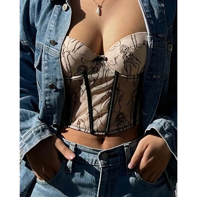 Women's Top Suspender Bump Color Printed Bouquet Waist Top Sexy Short Style Hot Girl Crop Vest