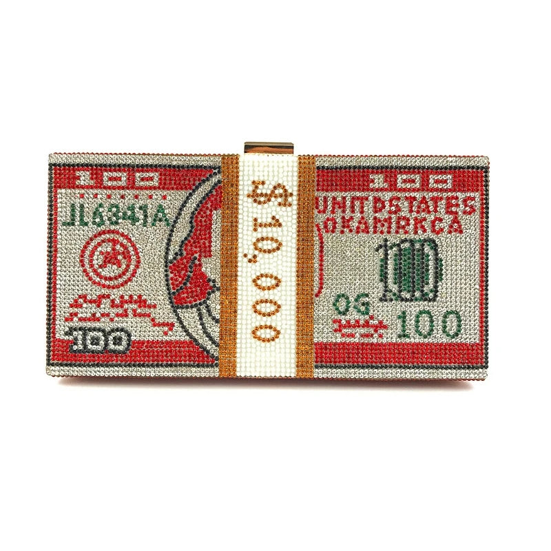 Luxury Money Clutch Rhinestone Purse 10000 Dollars Stack of Cash Evening Handbags Shoulder Wedding Dinner Bag 8 Color Wallet