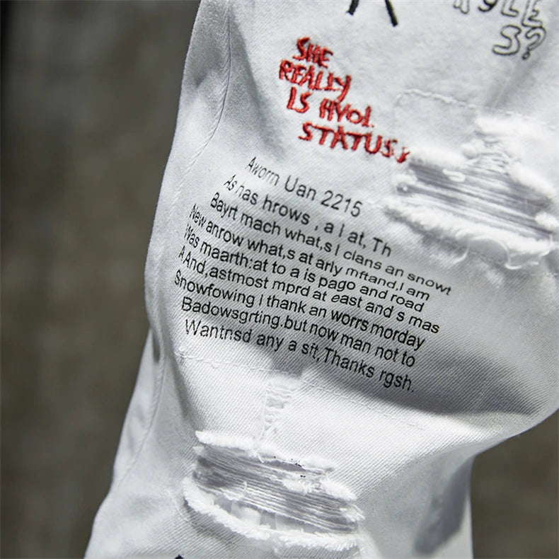 Mode Trendy Stickerei Buchstaben Männer College Jungen Skinny Runway Zipper Denim Hose Destroyed Zerrissene Jeans Schwarz Weiß Jeans