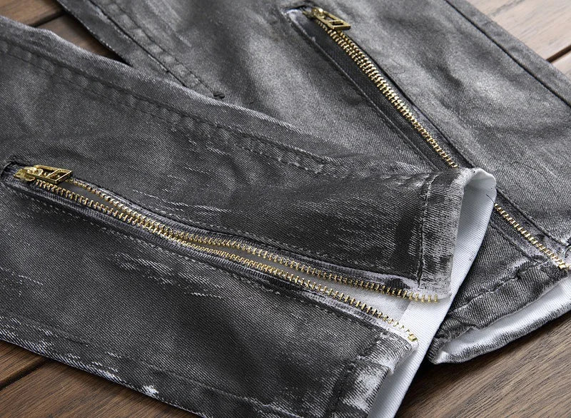 Broken Coated Ripped Jeans Herren Hochwertige Baumwollhose Reißverschluss BIKER Jeans Cowboy Denim Hose Schwarz Weiß Patchwork